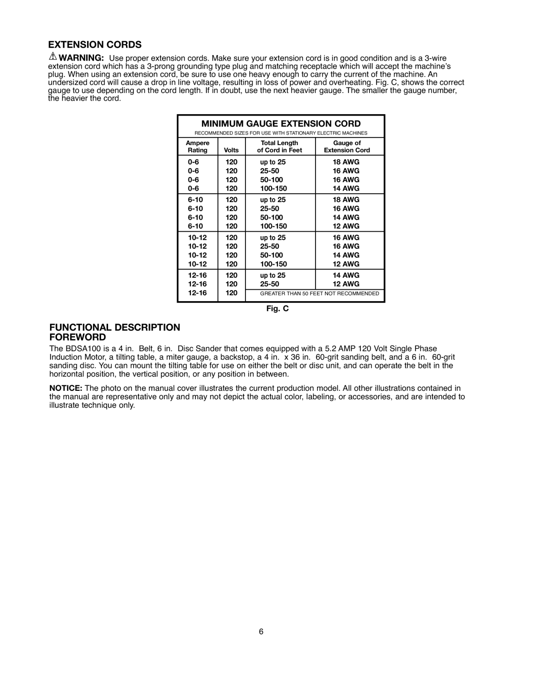 Black & Decker BDSA100 instruction manual Extension Cords, Functional Description Foreword, Minimum Gauge Extension Cord 