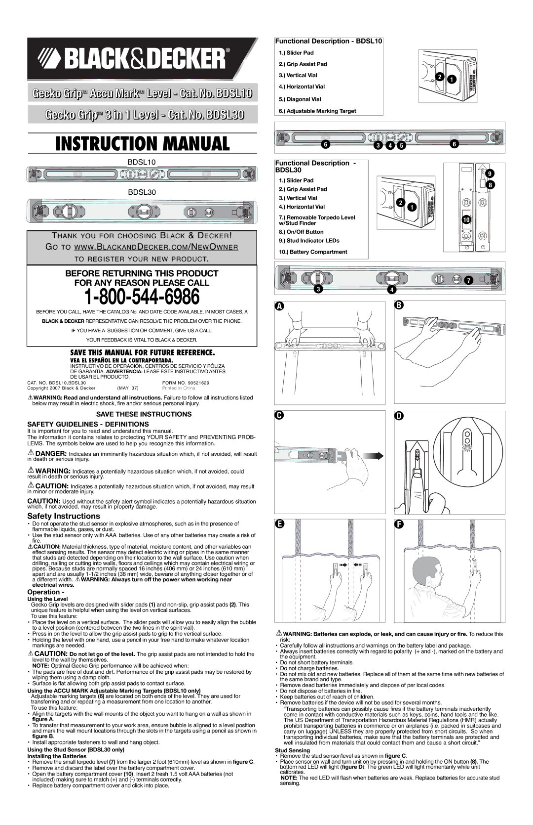 Black & Decker instruction manual Functional Description BDSL10, Functional Description BDSL30, Operation 