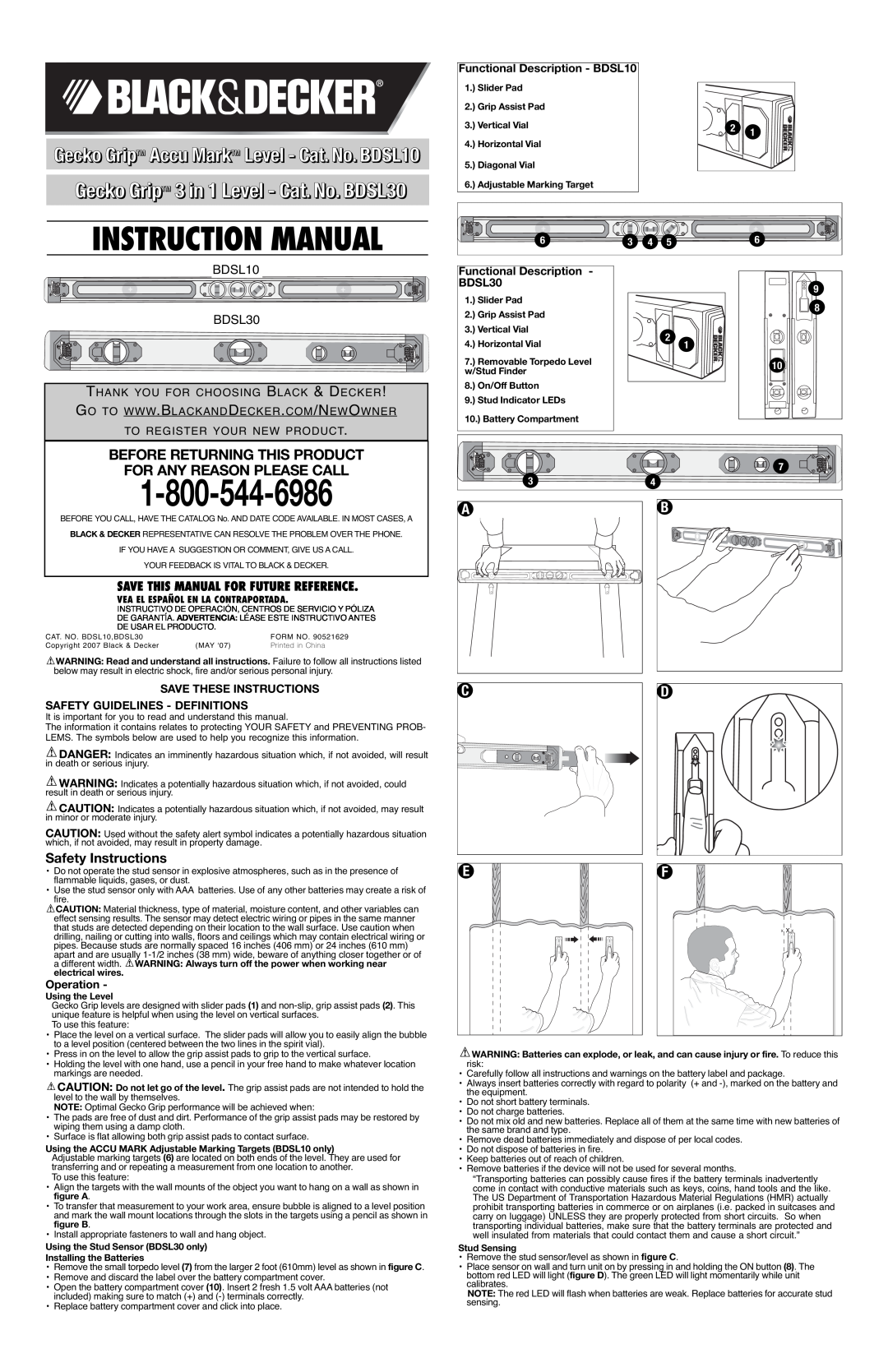 Black & Decker BDSL10 instruction manual Gecko GripTM 3 in 1 Level - Cat. No. BDSL30, Before Returning This Product 