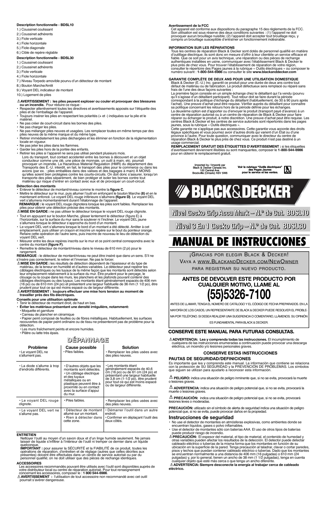 Black & Decker BDSL10 555326-7100, Nivel 3 En 1 Gecko Grip - N.º de Cat. BDSL30, Dépannage, Cualquier Motivo, Llame Al 