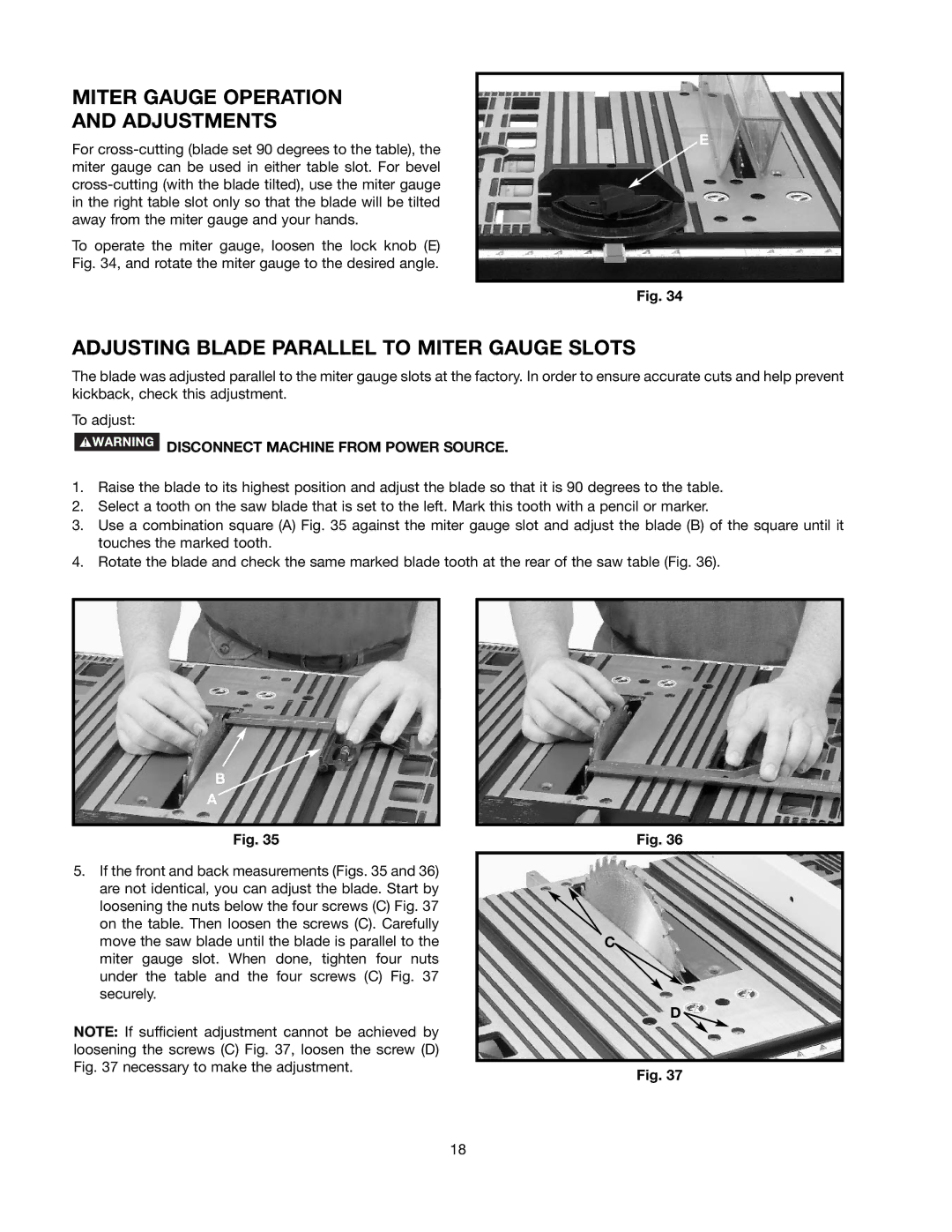 Black & Decker BDTS100 instruction manual Miter Gauge Operation Adjustments, Adjusting Blade Parallel to Miter Gauge Slots 