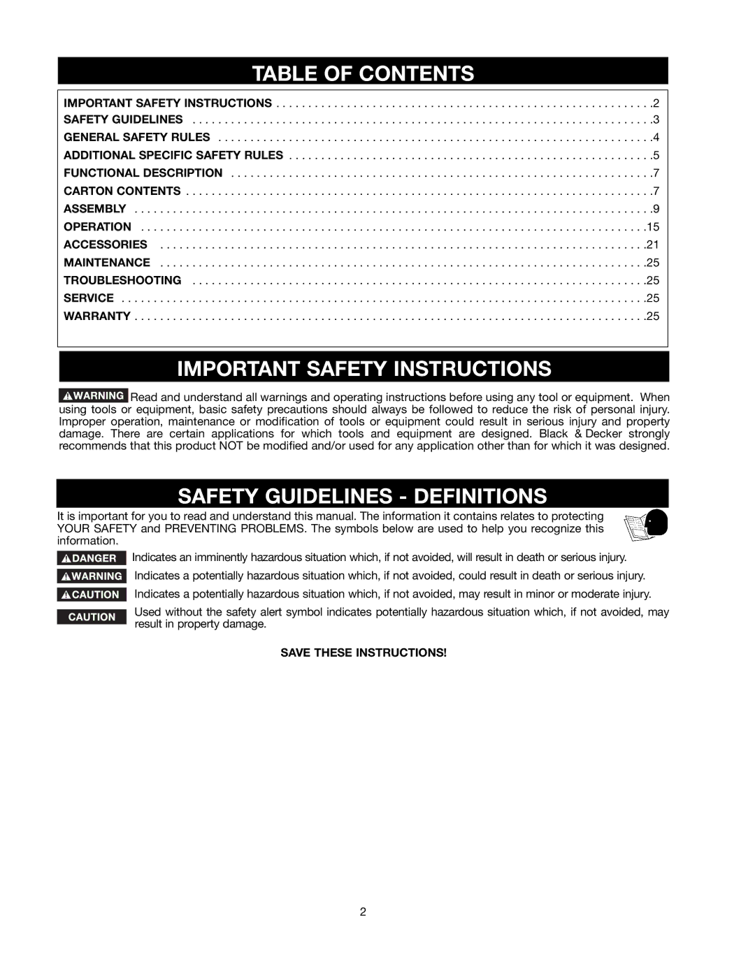 Black & Decker BDTS100 instruction manual Table of Contents, Important Safety Instructions, Safety Guidelines Definitions 