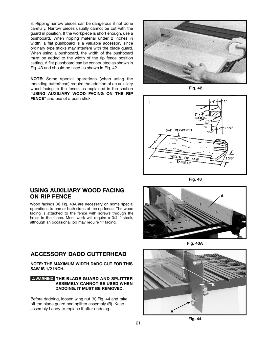 Black & Decker BDTS100 instruction manual Using Auxiliary Wood Facing on RIP Fence, Accessory Dado Cutterhead 