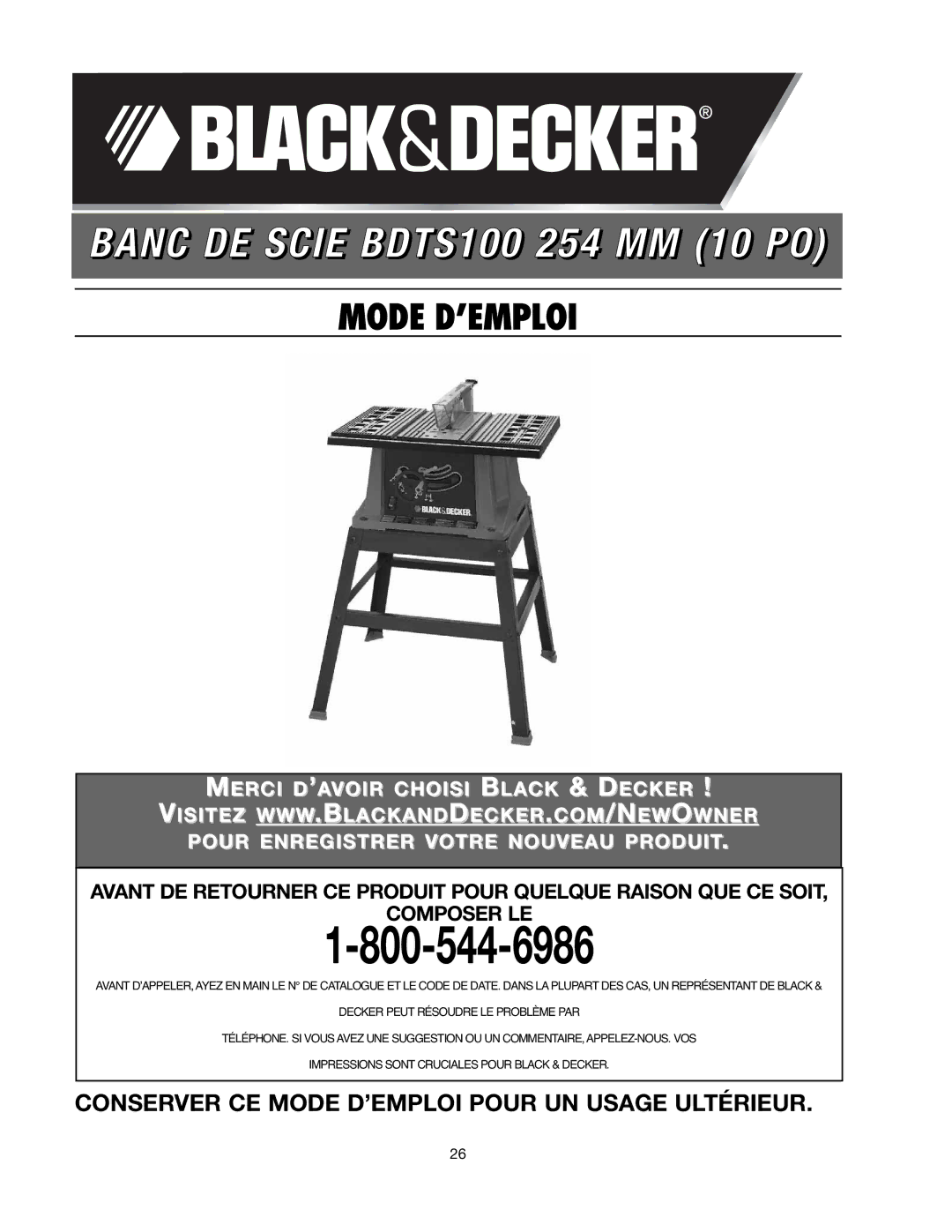 Black & Decker instruction manual Banc DE Scie BDTS100 254 MM 10 PO 