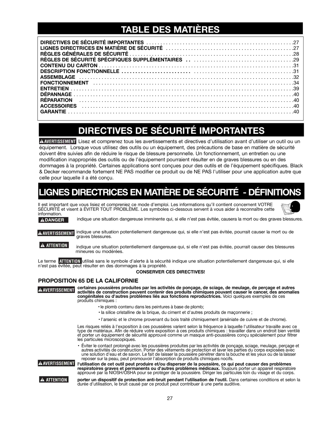 Black & Decker BDTS100 Table DES Matières, Directives DE Sécurité Importantes, Proposition 65 DE LA Californie 