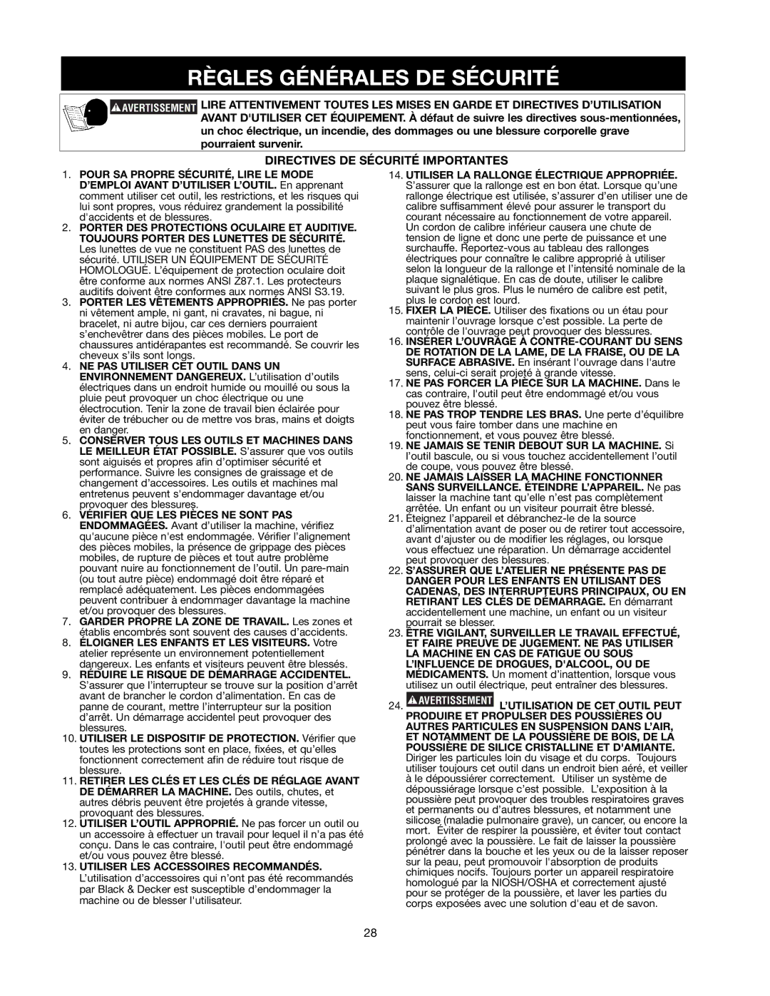 Black & Decker BDTS100 instruction manual Règles Générales DE Sécurité, Directives DE Sécurité Importantes 