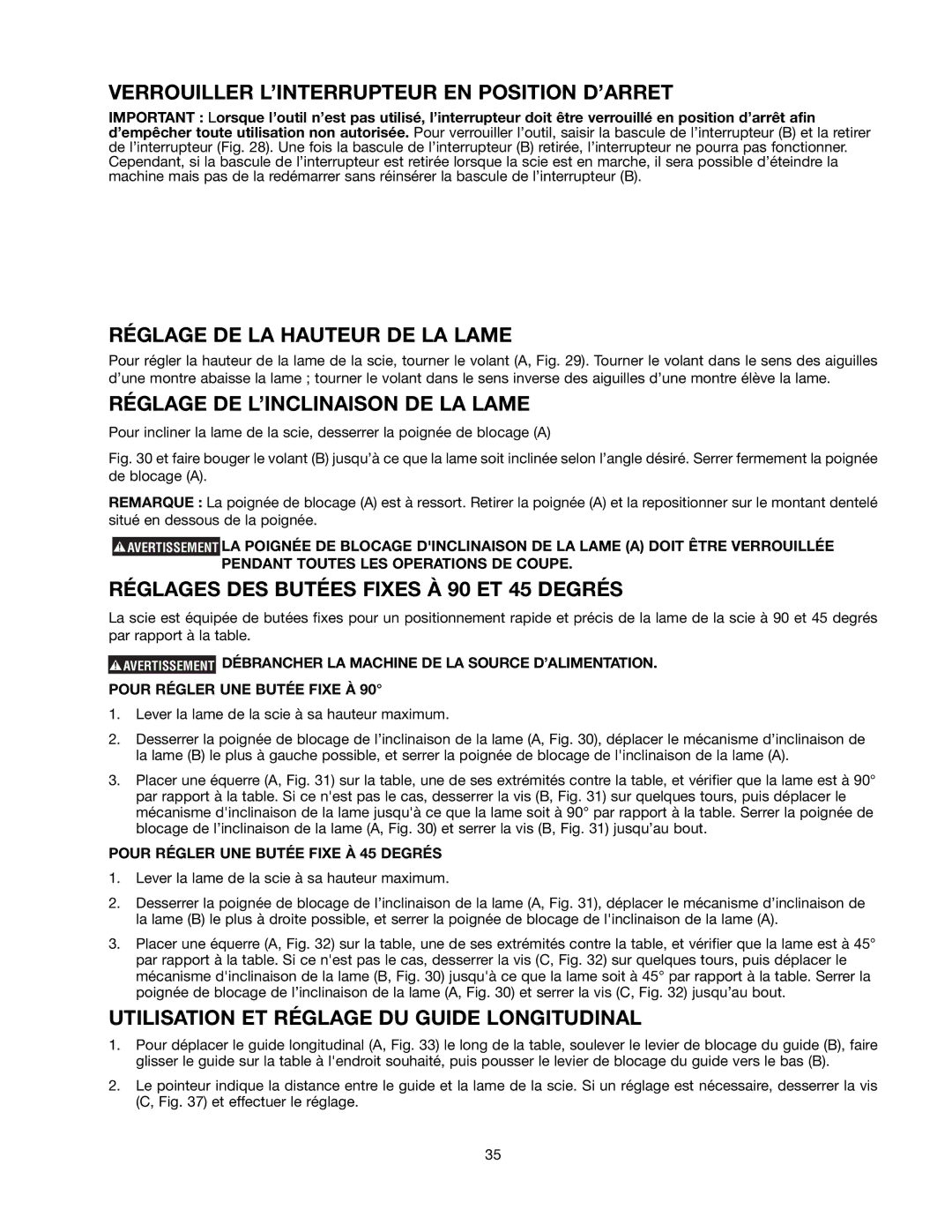 Black & Decker BDTS100 instruction manual Verrouiller L’INTERRUPTEUR EN Position D’ARRET, Réglage DE LA Hauteur DE LA Lame 