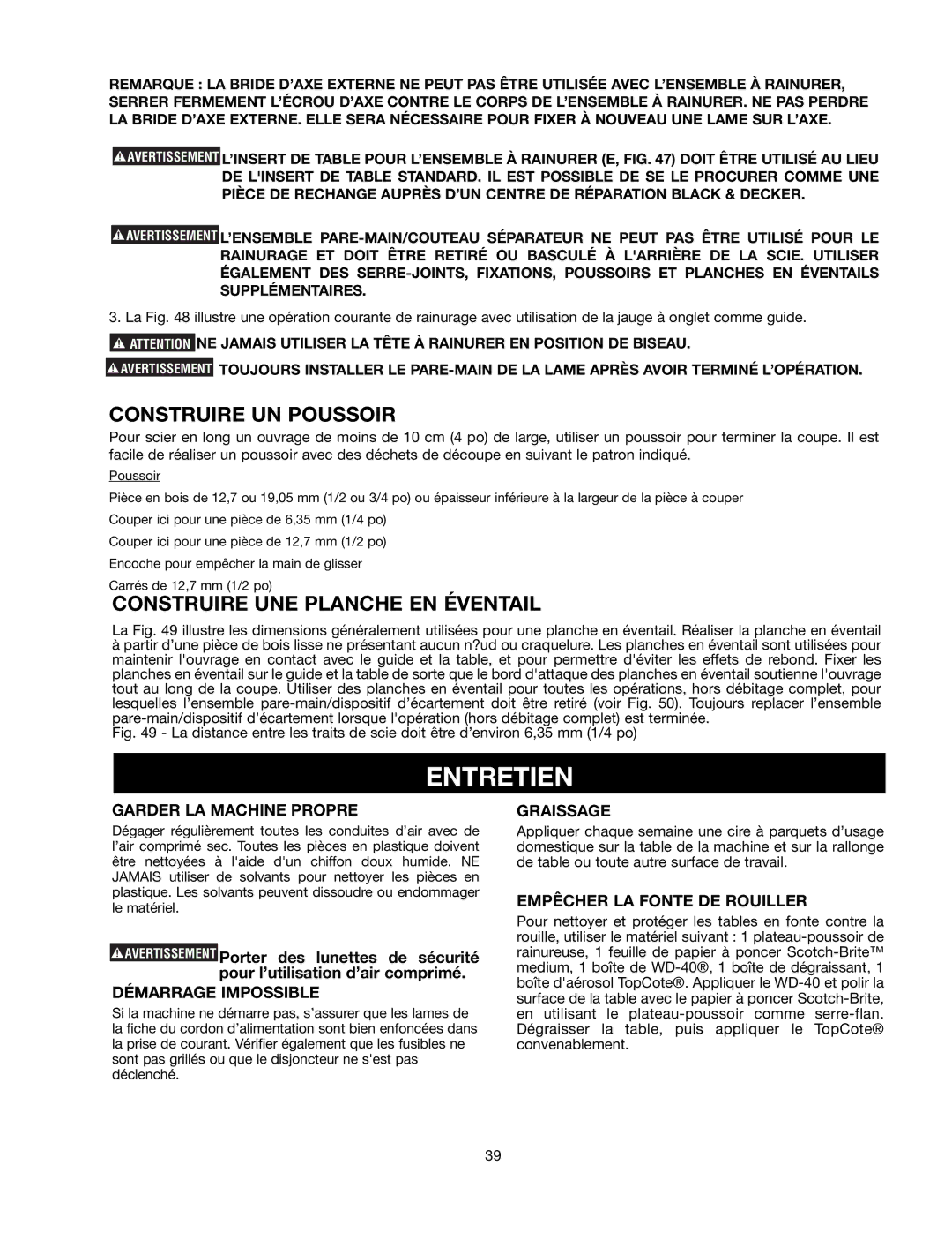 Black & Decker BDTS100 instruction manual Entretien, Construire UN Poussoir, Construire UNE Planche EN Éventail 