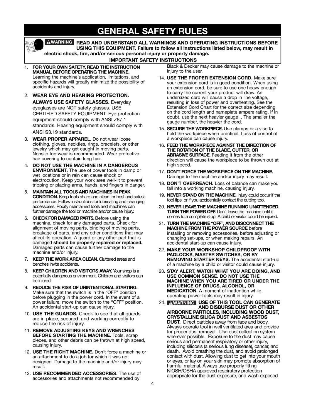 Black & Decker BDTS100 instruction manual General Safety Rules, USE of this Tool can Generate 