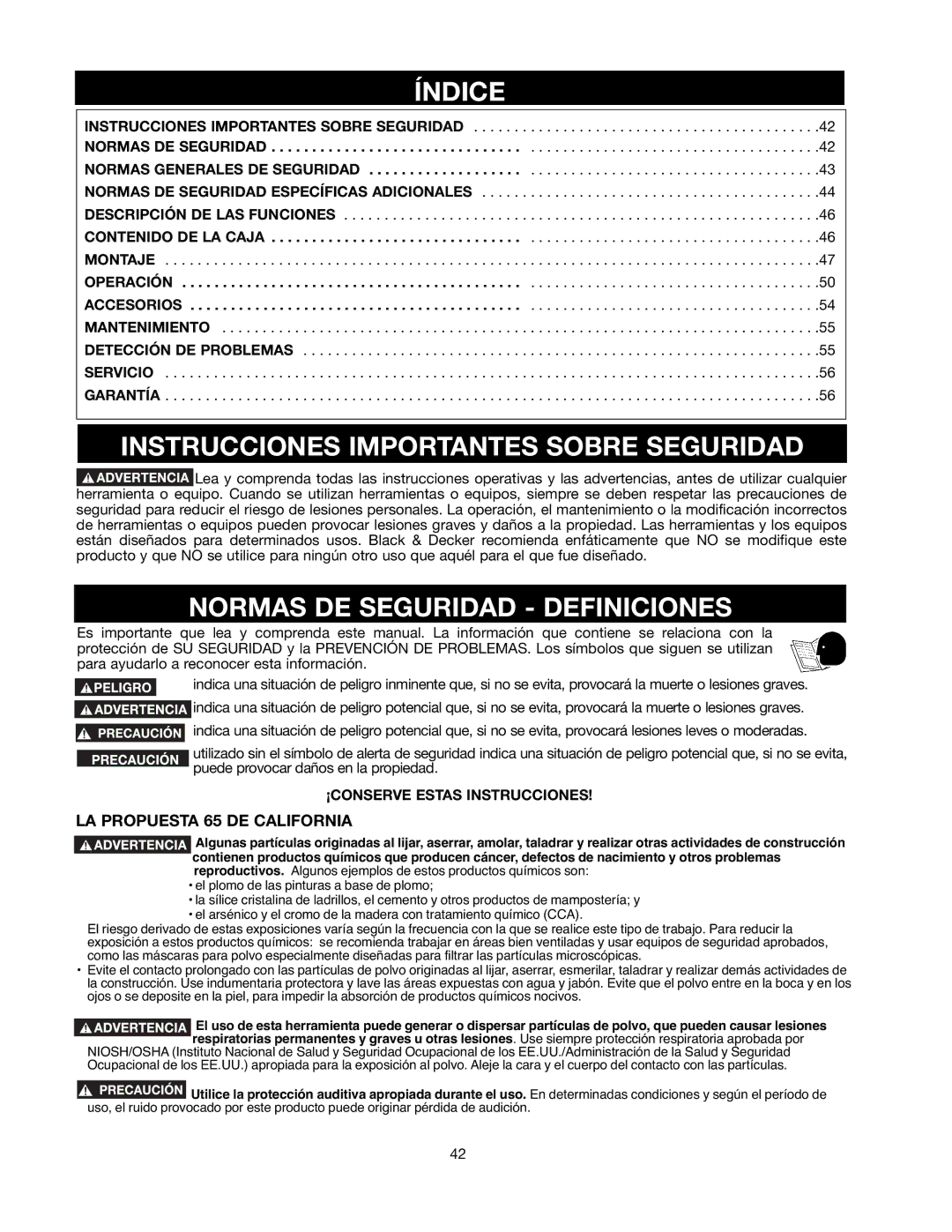 Black & Decker BDTS100 Índice, Instrucciones Importantes Sobre Seguridad, Normas DE Seguridad Definiciones 