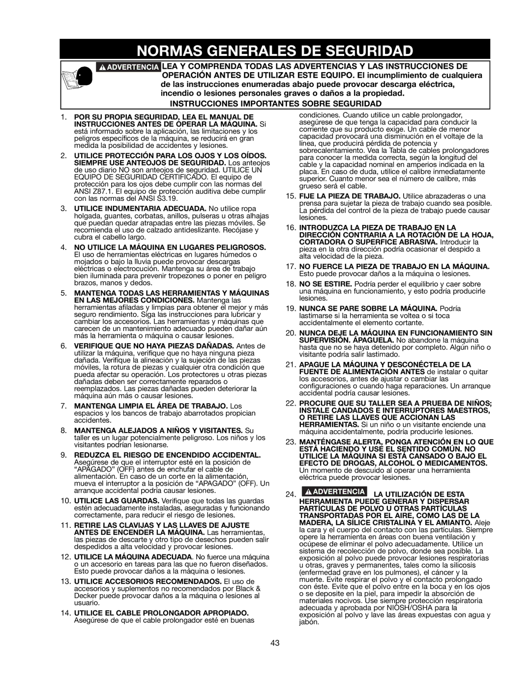 Black & Decker BDTS100 instruction manual Normas Generales DE Seguridad, Instrucciones Importantes Sobre Seguridad 