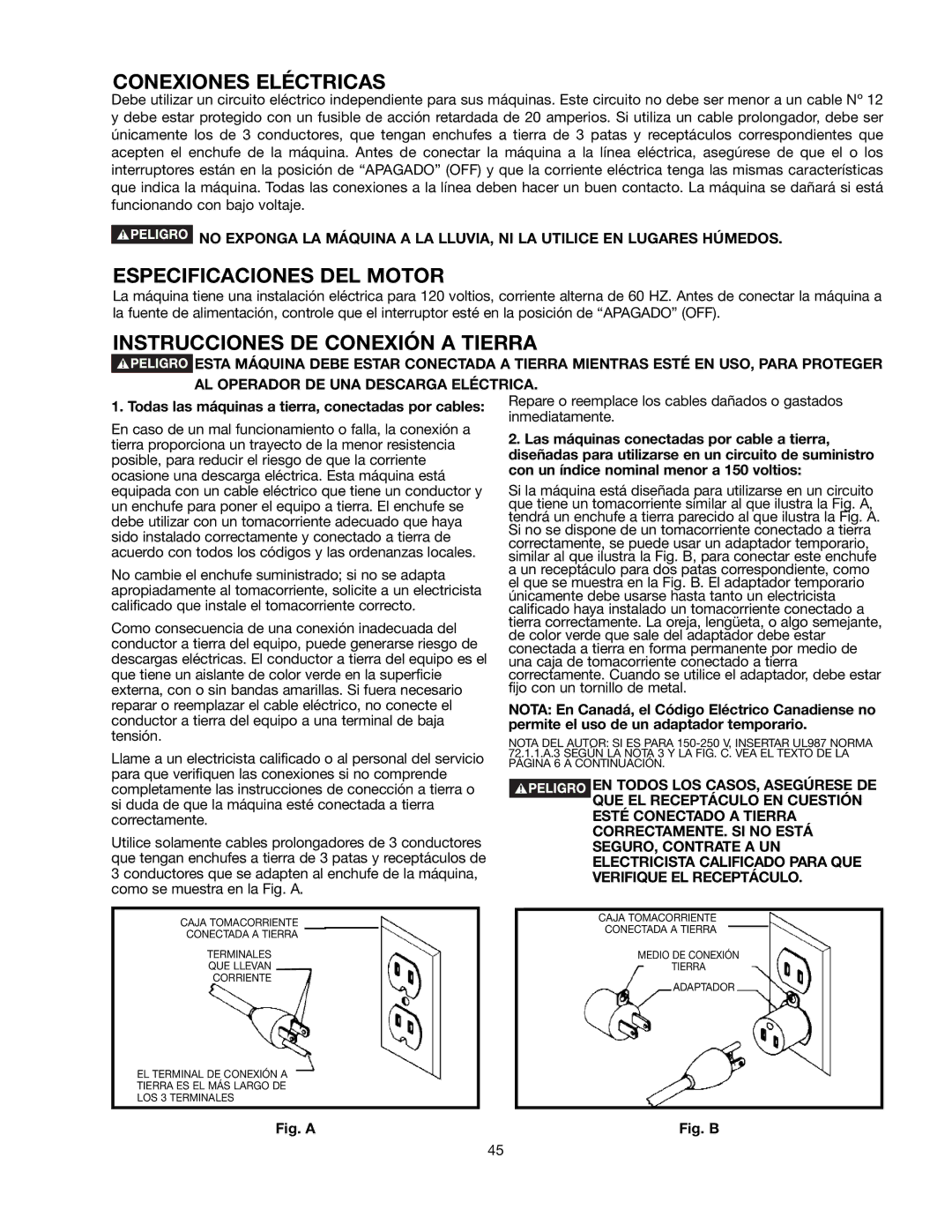 Black & Decker BDTS100 Conexiones Eléctricas, Especificaciones DEL Motor, Instrucciones DE Conexión a Tierra 