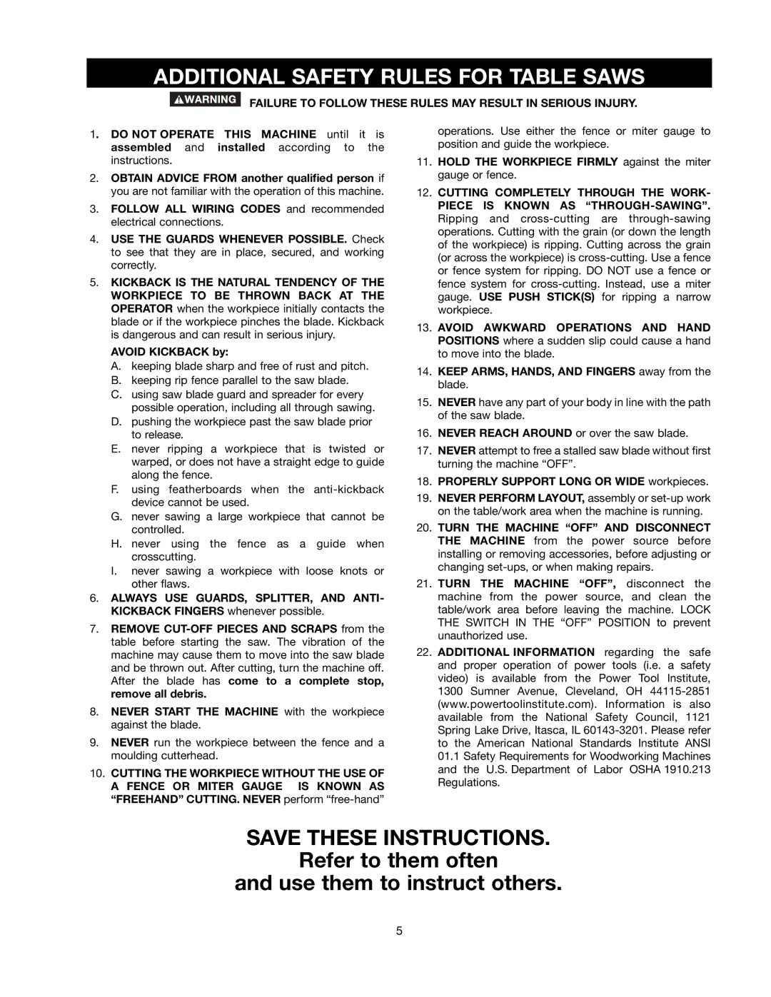 Black & Decker BDTS100 Additional Safety Rules for Table Saws, Failure to Follow These Rules MAY Result in Serious Injury 