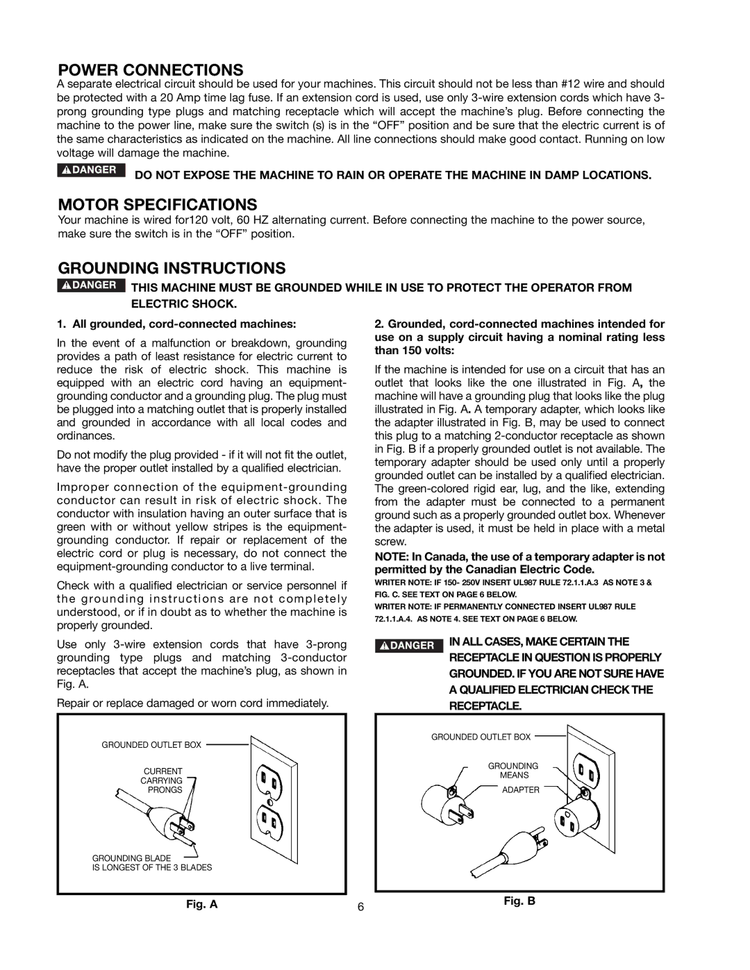 Black & Decker BDTS100 instruction manual Power Connections, Motor Specifications, Grounding Instructions 