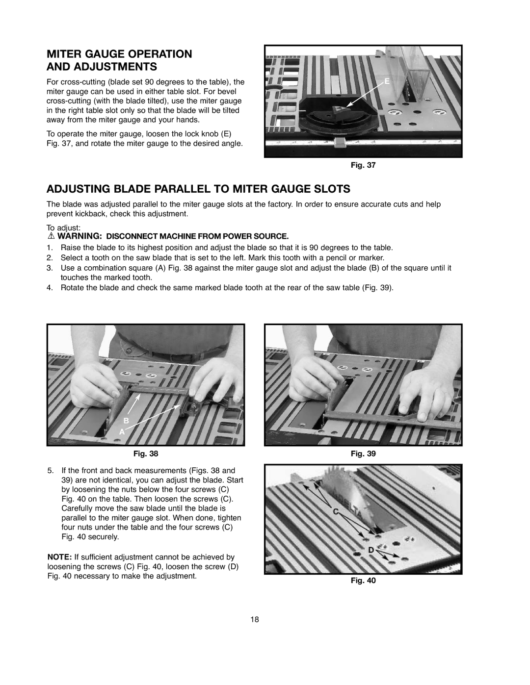 Black & Decker BDTS200, 90528116 Miter Gauge Operation Adjustments, Adjusting Blade Parallel to Miter Gauge Slots 