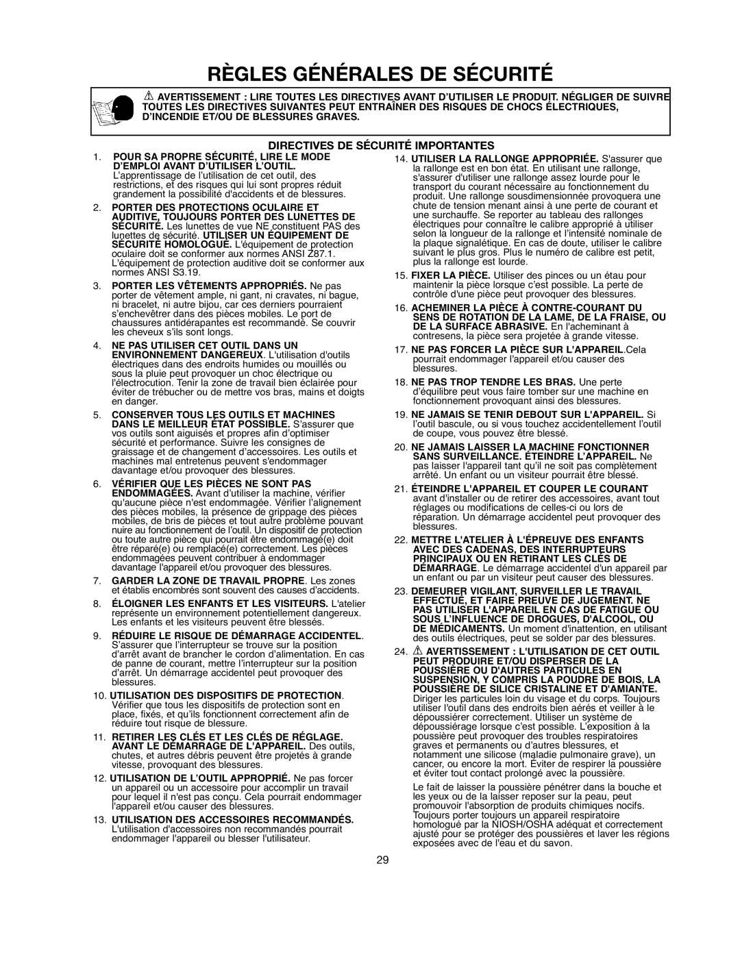 Black & Decker 90528116, BDTS200 instruction manual Règles Générales DE Sécurité, Directives DE Sécurité Importantes 