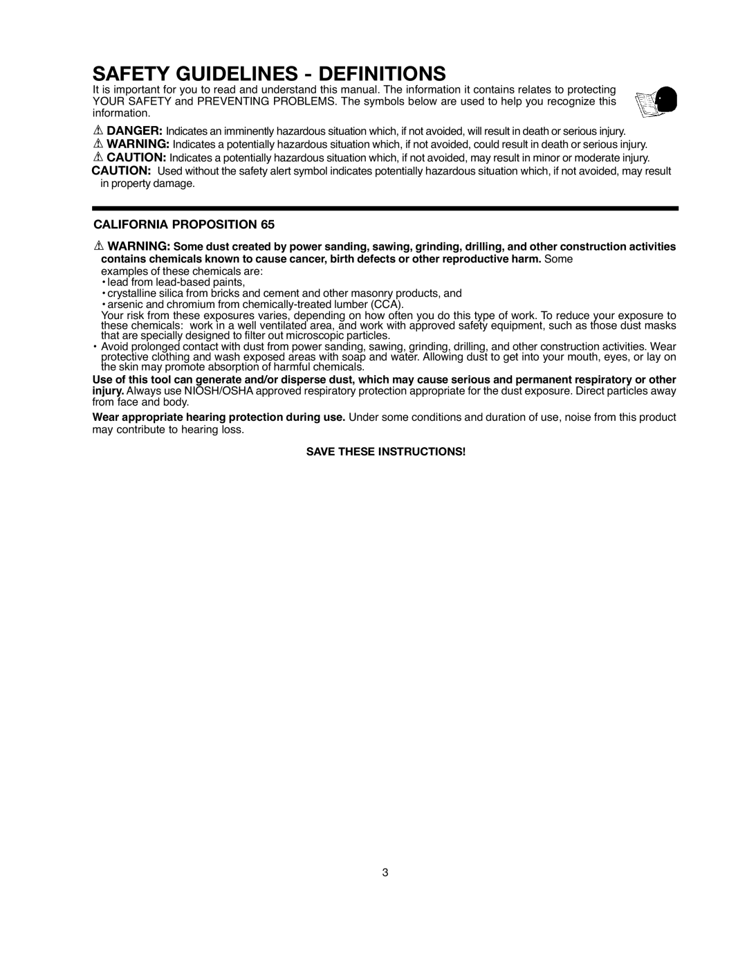 Black & Decker 90528116, BDTS200 instruction manual Safety Guidelines Definitions, California Proposition 