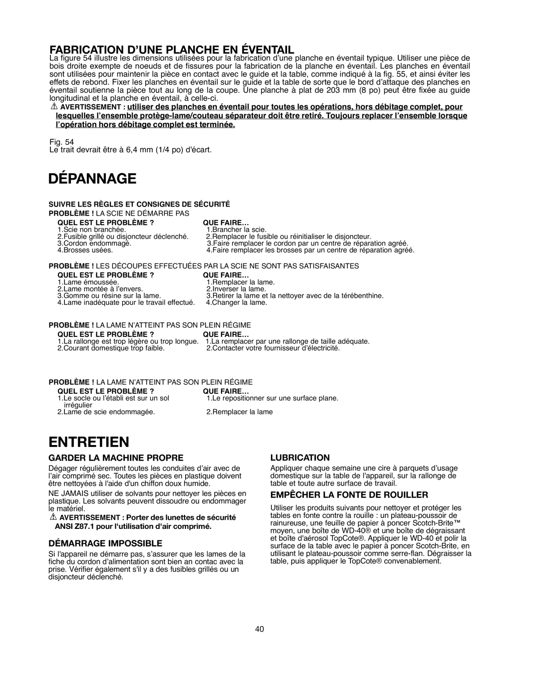 Black & Decker BDTS200, 90528116 instruction manual Dépannage, Entretien, Fabrication D’UNE Planche EN Éventail 