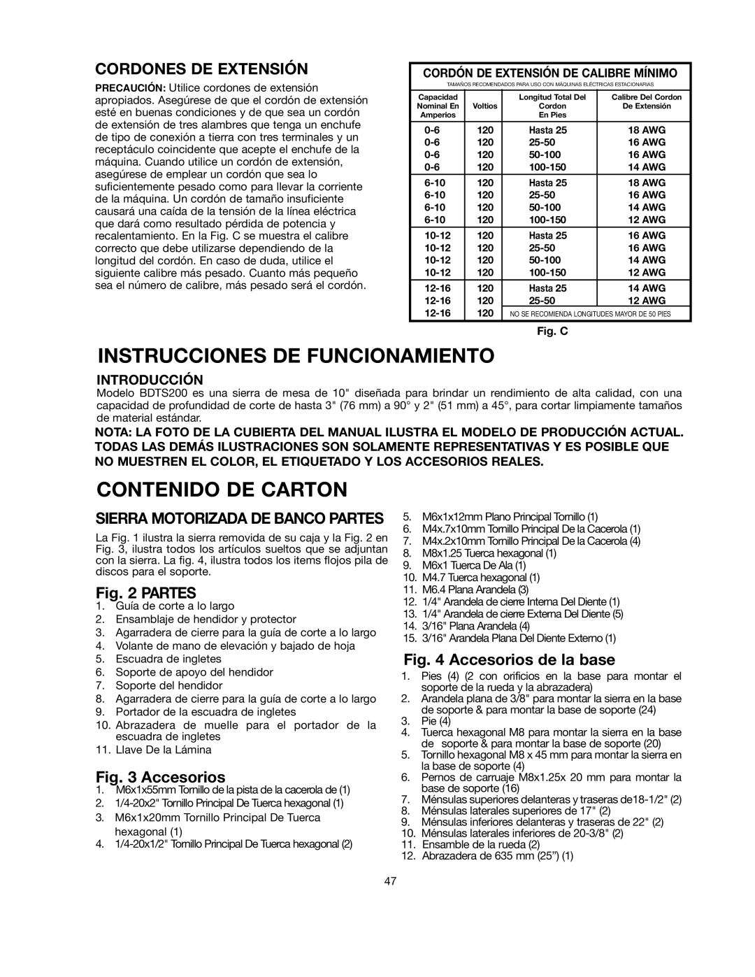 Black & Decker 90528116, BDTS200 Instrucciones DE Funcionamiento, Contenido DE Carton, Cordones DE Extensión 