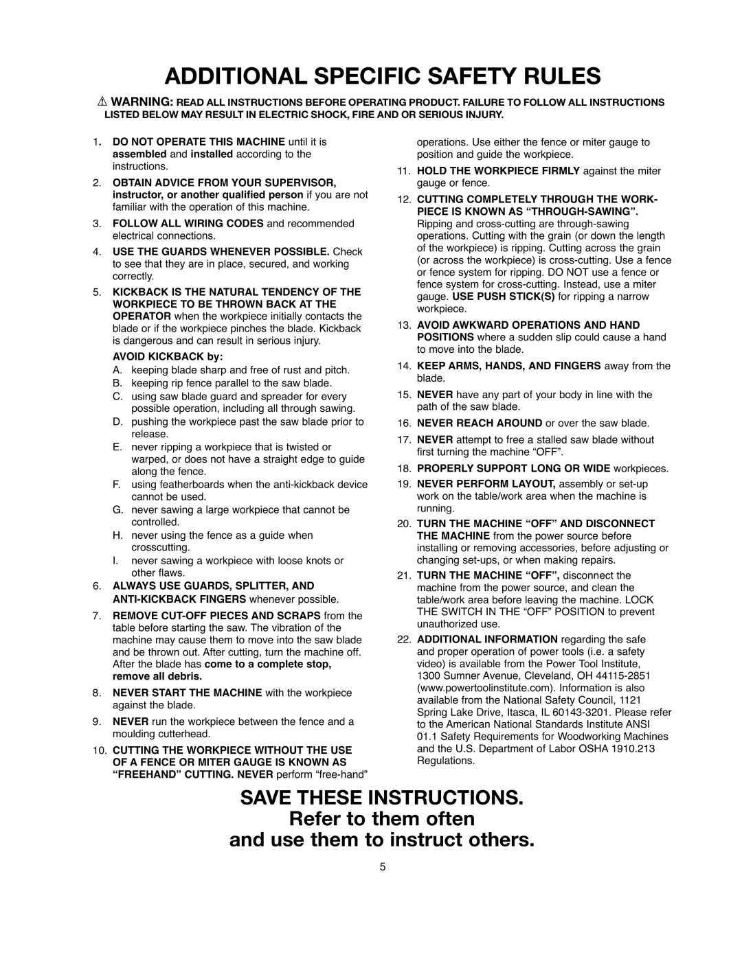 Black & Decker 90528116, BDTS200 instruction manual Additional Specific Safety Rules 