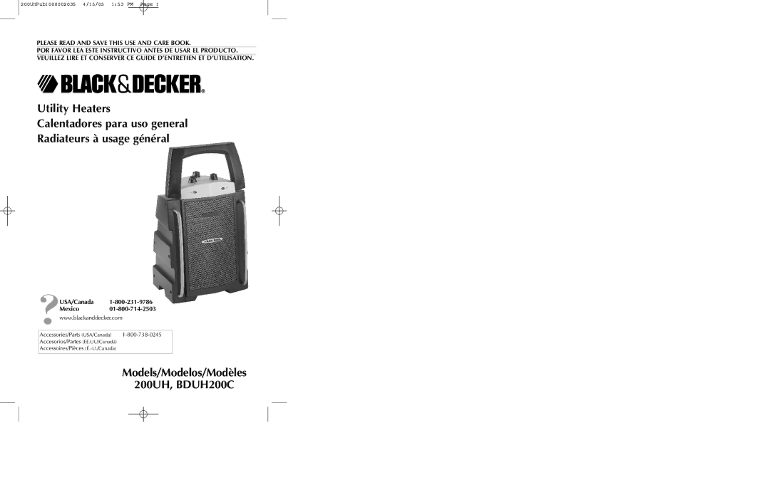 Black & Decker manual Models/Modelos/Modèles 200UH, BDUH200C, ?USA/Canada Mexico 