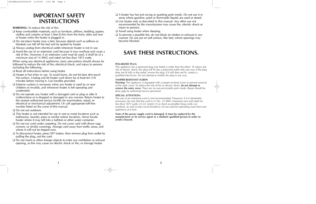 Black & Decker BDUH200C, 200UH manual Important Safety Instructions, Save These Instructions 