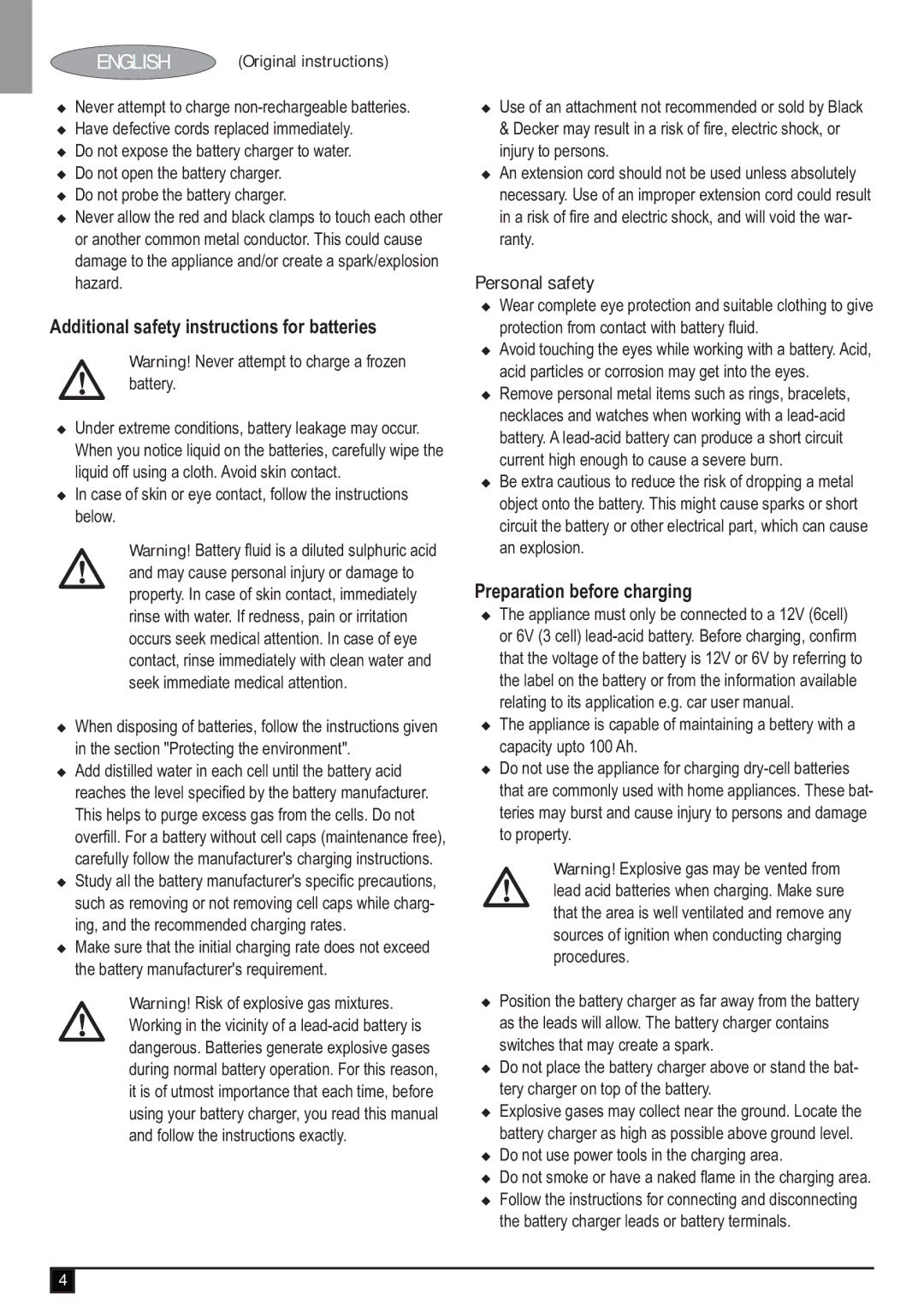 Black & Decker BDV090 manual Personal safety, Preparation before charging 