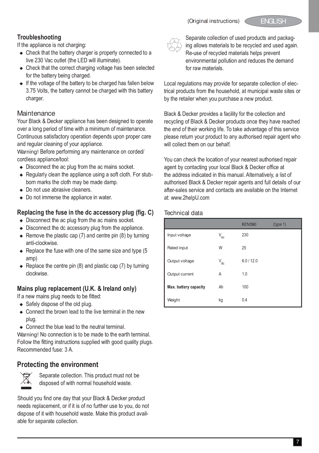 Black & Decker BDV090 manual Maintenance, Protecting the environment 