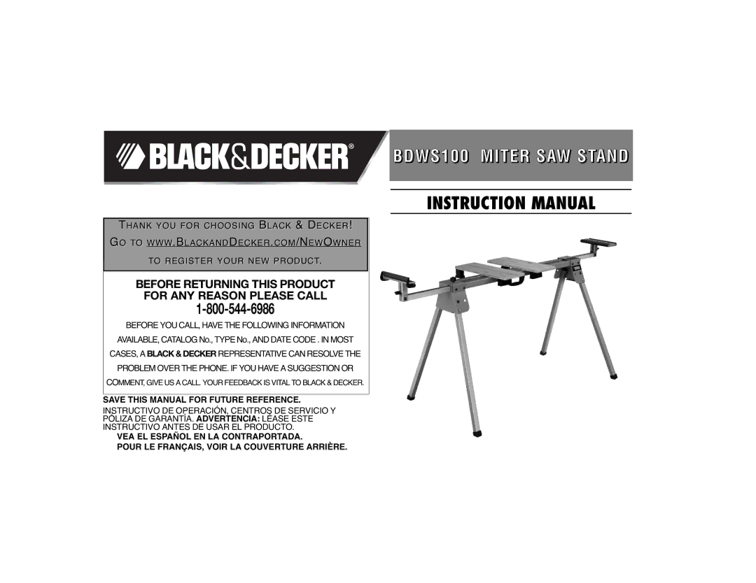 Black & Decker instruction manual BDWS100 Miter SAW Sttaanndd, Save this Manual for Future Reference 