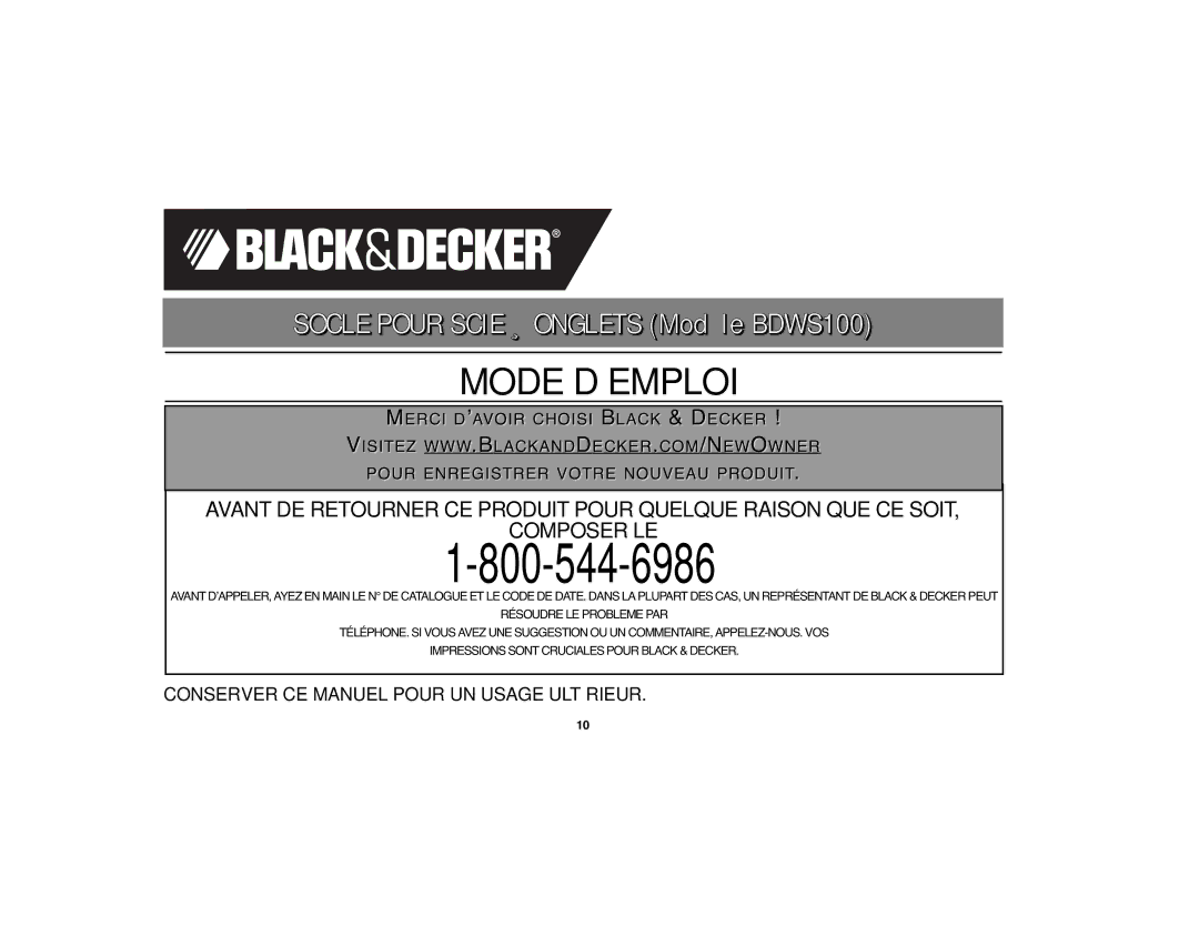 Black & Decker BDWS100 instruction manual Mode D’EMPLOI 