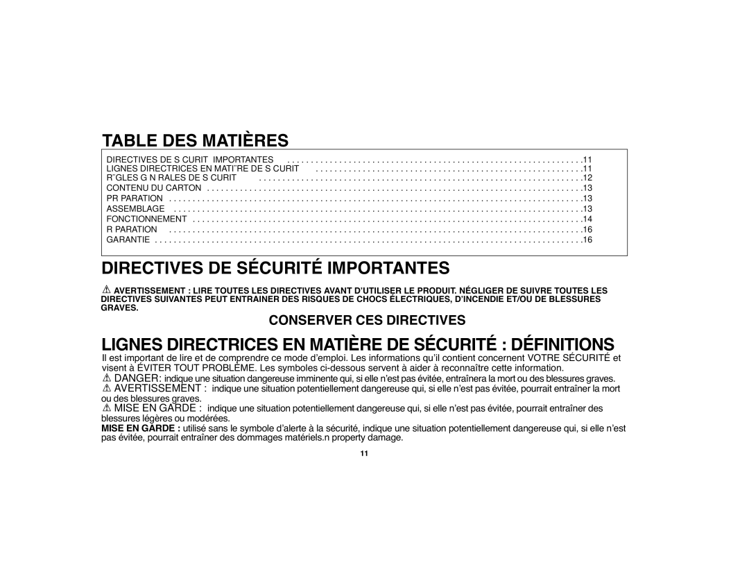 Black & Decker BDWS100 instruction manual Table DES Matières, Directives DE Sécurité Importantes 