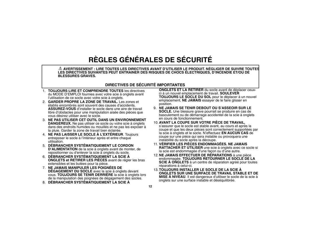 Black & Decker BDWS100 instruction manual Règles Générales DE Sécurité, Directives DE Sécurité Importantes 