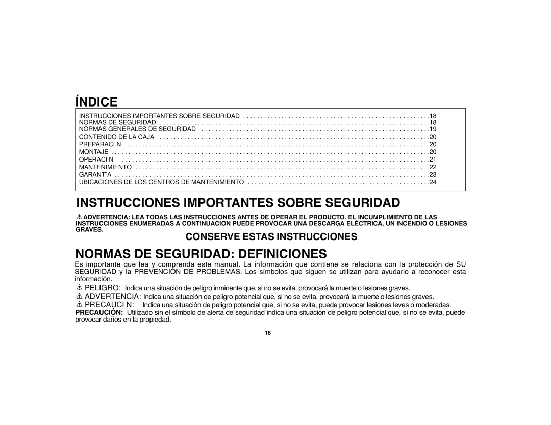 Black & Decker BDWS100 Índice, Instrucciones Importantes Sobre Seguridad, Normas DE Seguridad Definiciones 