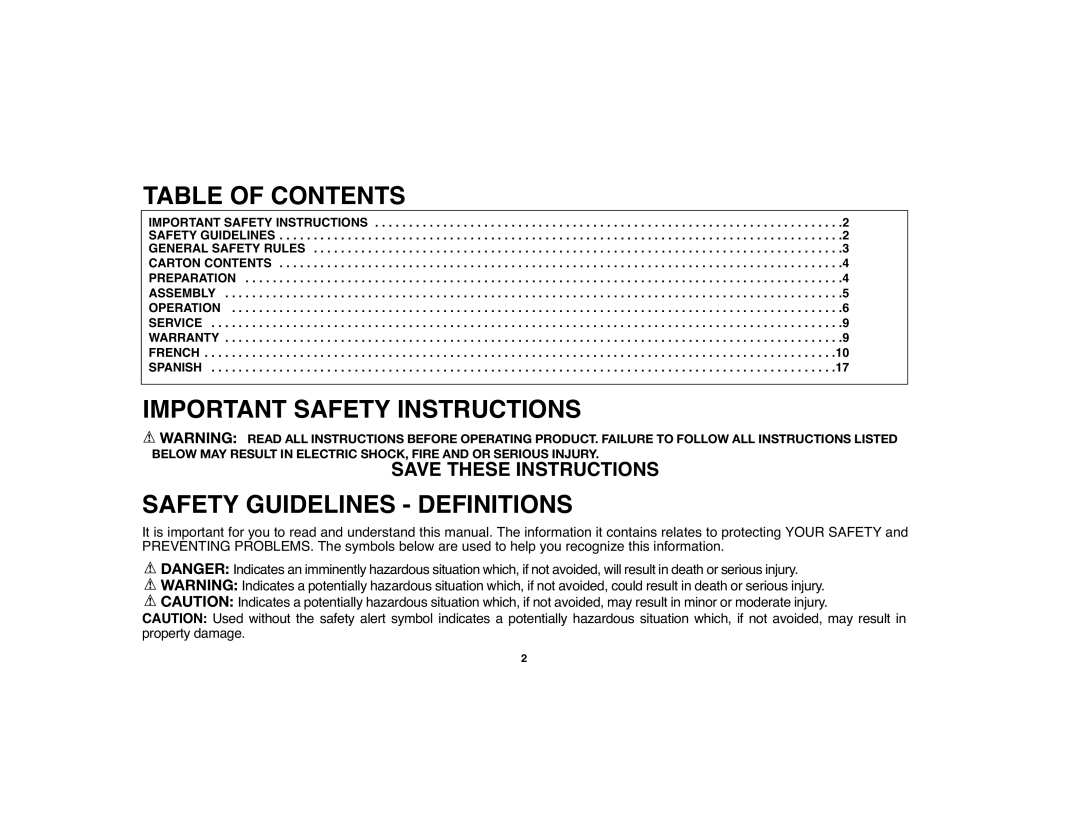 Black & Decker BDWS100 instruction manual Table of Contents, Important Safety Instructions Safety Guidelines Definitions 