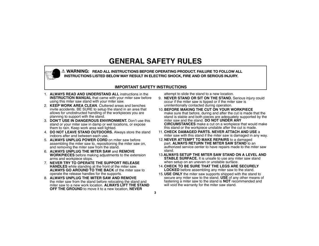 Black & Decker BDWS100 General Safety Rules, Important Safety Instructions, Always Unplug the Miter SAW and Remove 