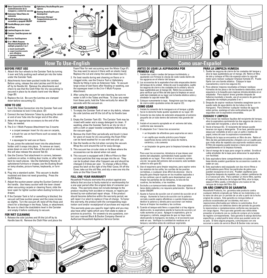 Black & Decker BEL3000A Series, BEL3000A135 manual Antes DE Usar LA Aspiradora POR Primera VEZ, Cuidado Y Limpieza 