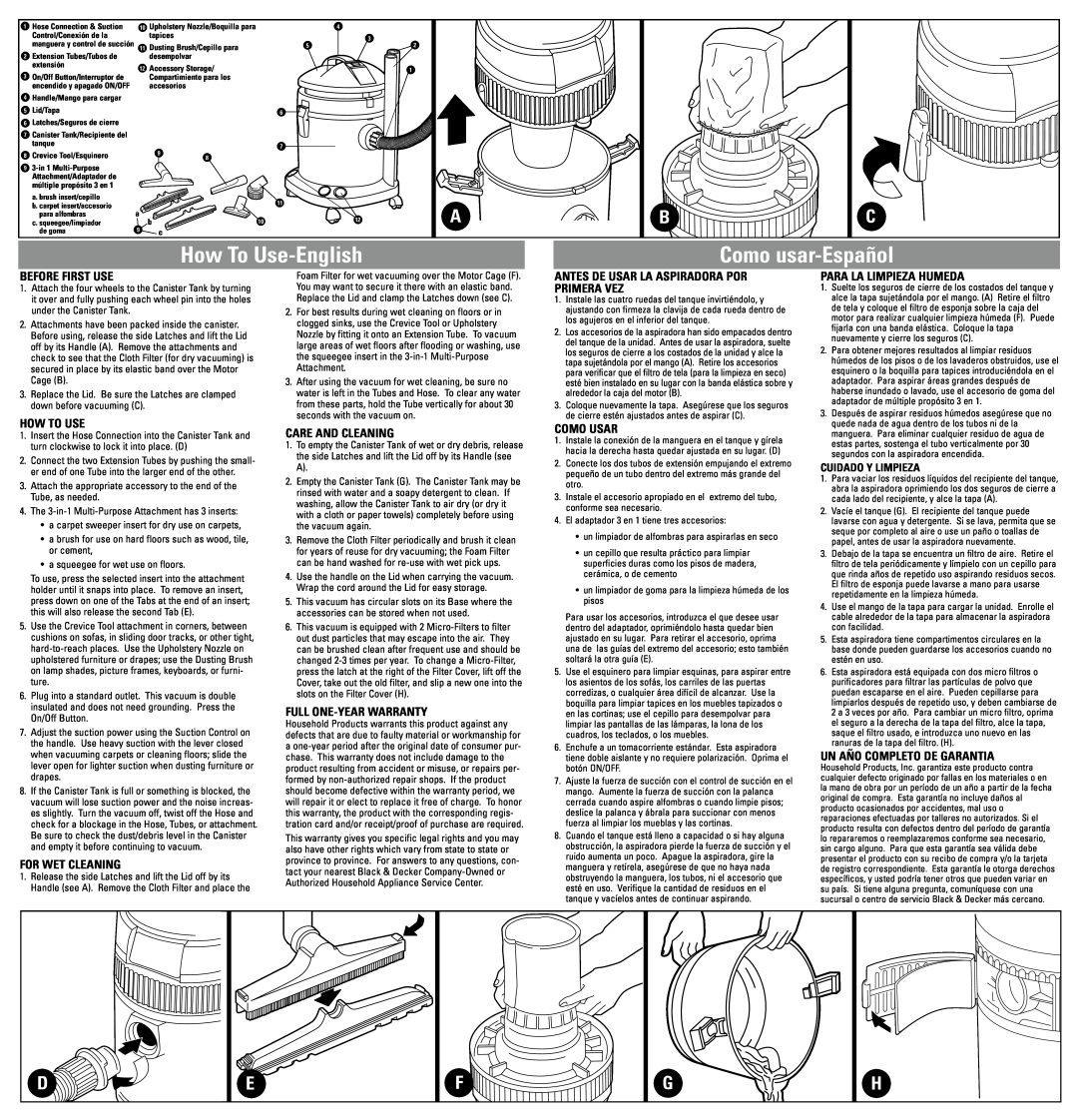 Black & Decker BEL3000A Series manual How To Use-English, Como usar-Español, Antes De Usar La Aspiradora Por Primera Vez 