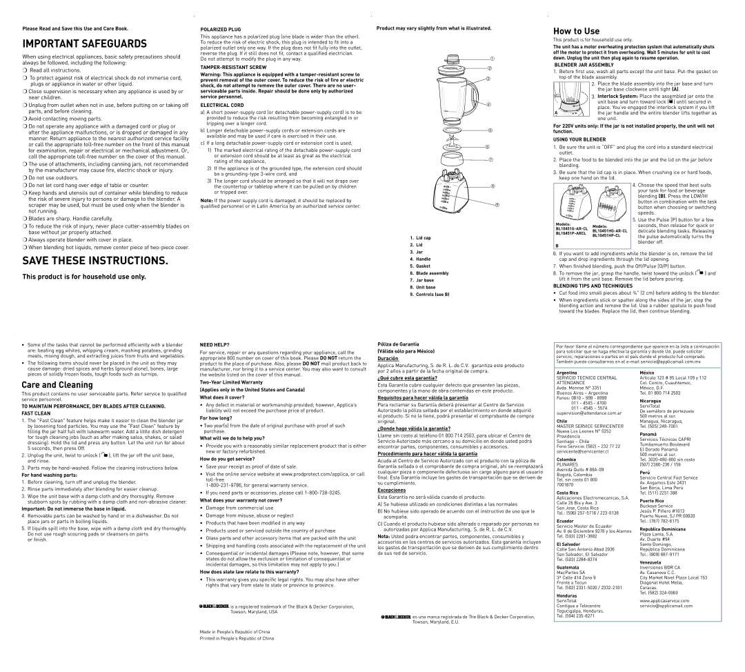 Black & Decker BL10451P-ARCL manual Plugs or appliance in water or other liquid, Near children, Parts, and before cleaning 