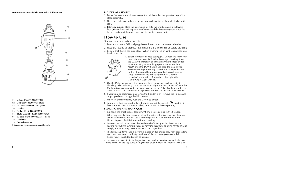 Black & Decker BL10475BM manual How to Use, Product may vary slightly from what is illustrated, Blender JAR Assembly 