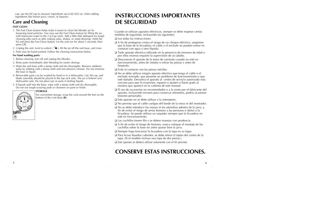 Black & Decker BL10475BM manual Instrucciones Importantes DE Seguridad, Fast Clean, For hand washing parts, Storage 