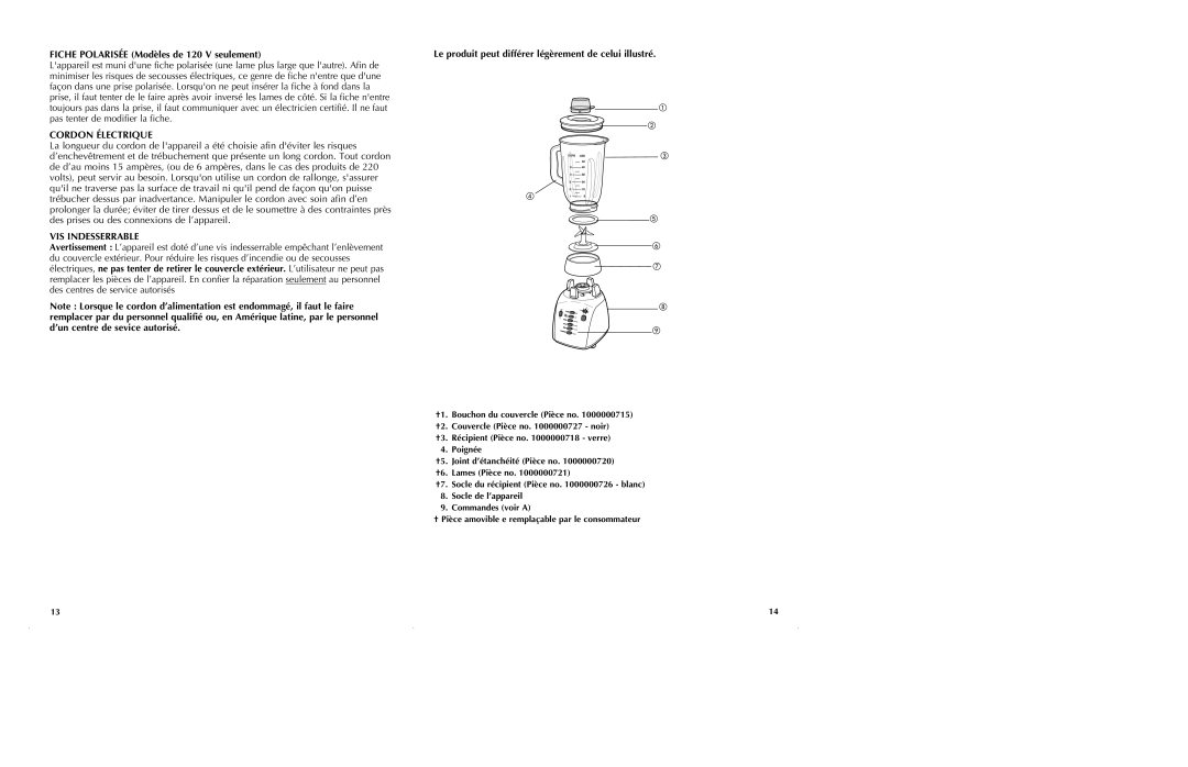 Black & Decker BL10475BM manual Fiche Polarisée Modèles de 120 V seulement, Cordon Électrique, VIS Indesserrable 