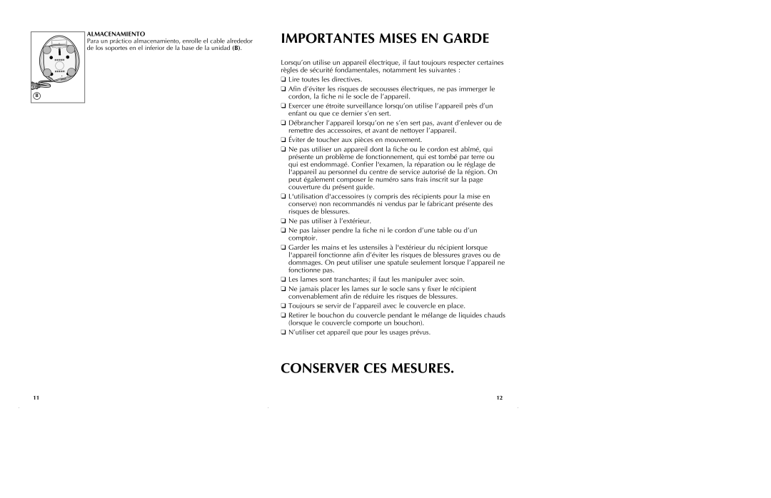 Black & Decker BL10475BM manual Importantes Mises En Garde, Conserver Ces Mesures 