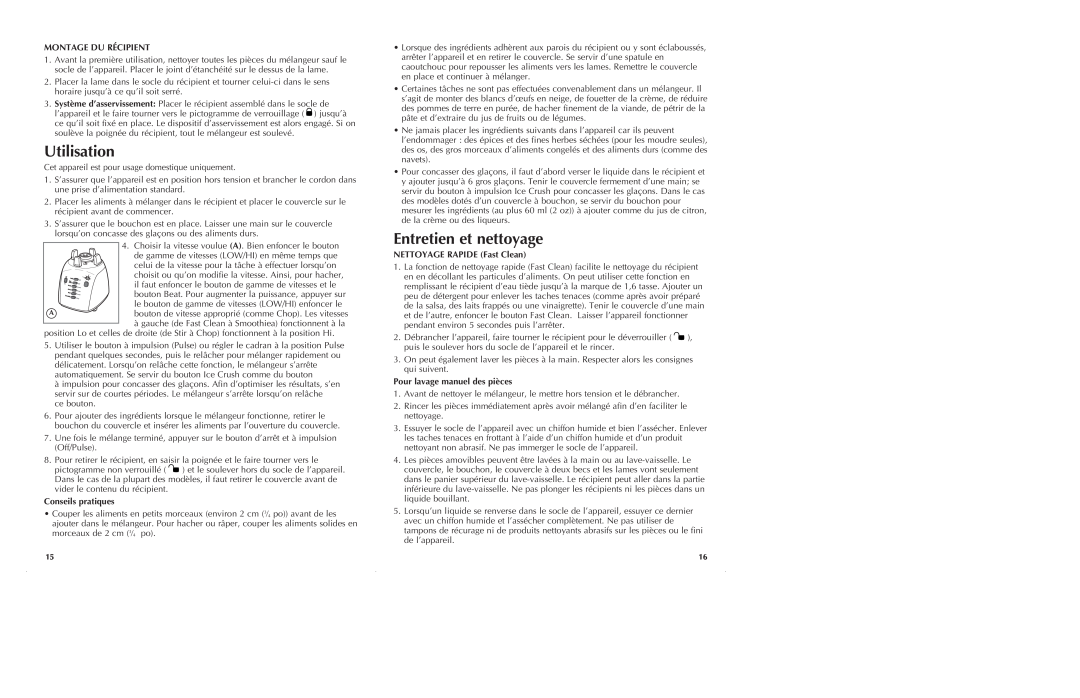 Black & Decker BL10475BM manual Utilisation, Entretien et nettoyage, Montage Du Récipient, Conseils pratiques 