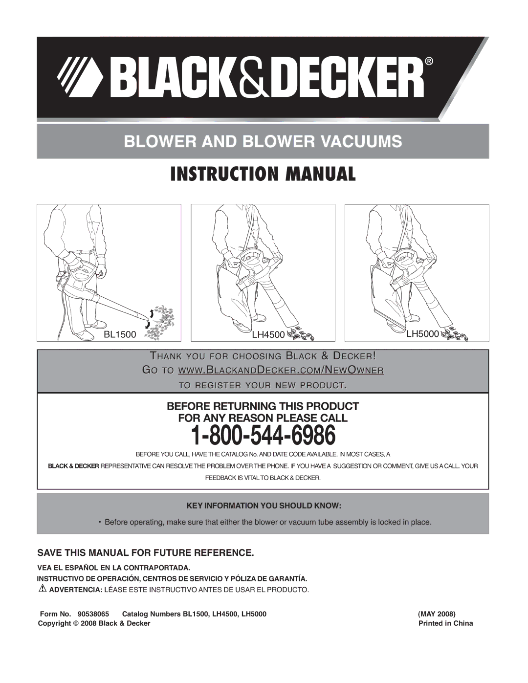 Black & Decker instruction manual Form No Catalog Numbers BL1500, LH4500, LH5000 MAY, Black & Decker 