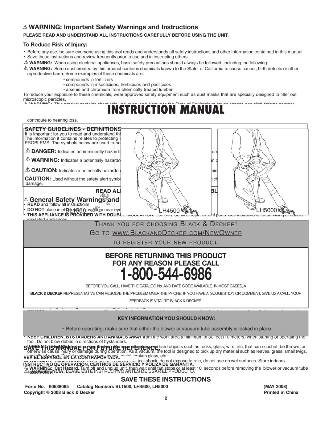 Black & Decker LH5000 To Reduce Risk of Injury, Safety Guidelines Definitions, Read ALL Instructions Before Using Blower 