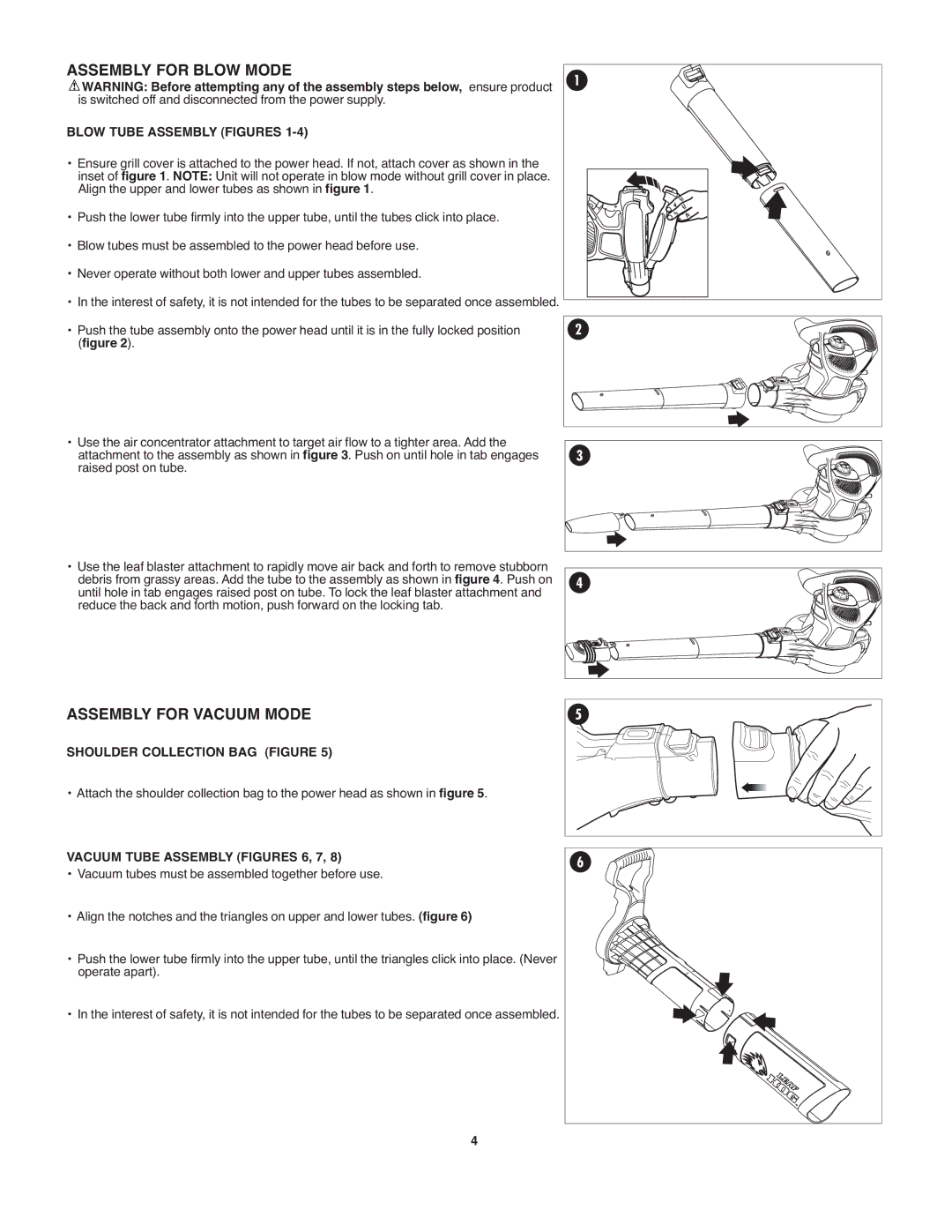 Black & Decker LH4500, BL1500, LH5000 Assembly for Blow Mode, Assembly for Vacuum Mode, Blow Tube Assembly Figures 