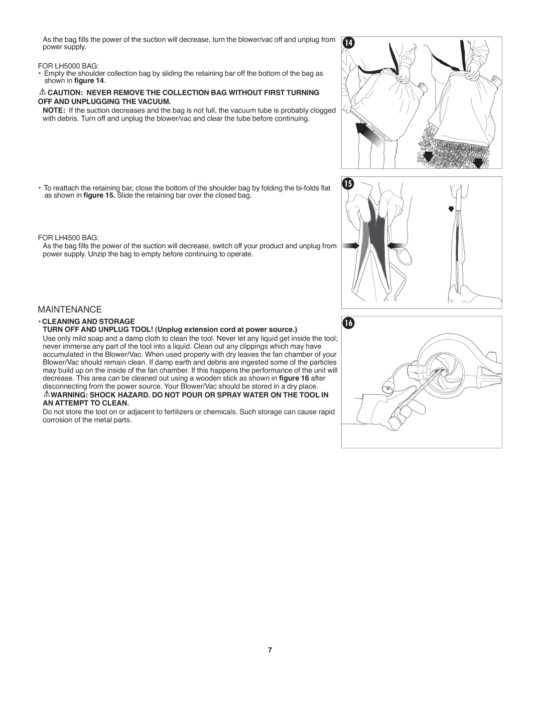 Black & Decker BL1500 Maintenance, For LH5000 BAG, OFF and Unplugging the Vacuum, For LH4500 BAG, Cleaning and Storage 