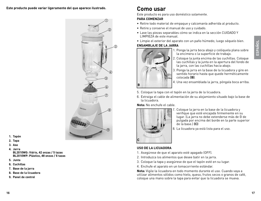 Black & Decker BL2010WGUC Como usar, Este producto es para uso doméstico solamente, Para Comenzar, Ensamblaje DE LA Jarra 