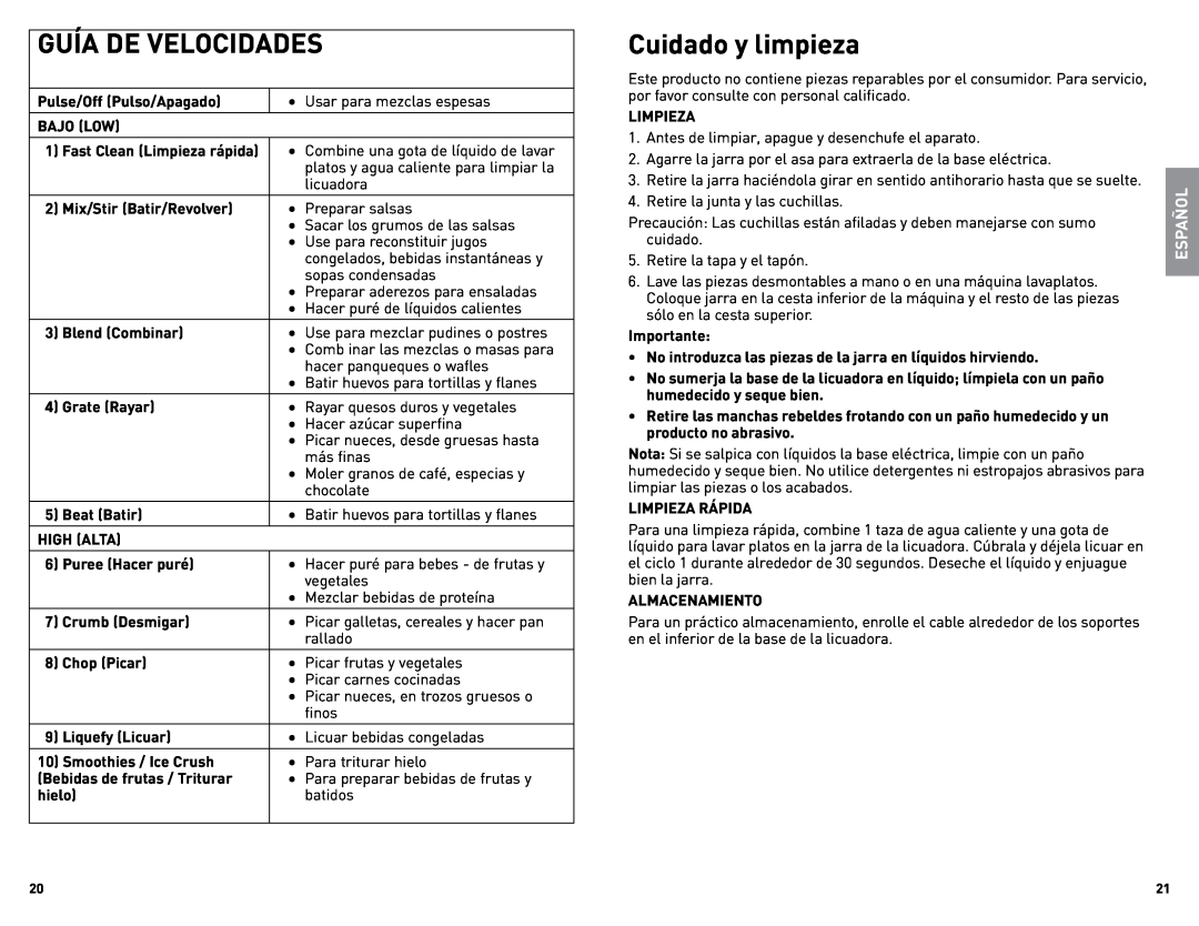Black & Decker Bl2010WP, BL2010WGUC, Bl2010WG manual Guía De Velocidades, Cuidado y limpieza, Español 