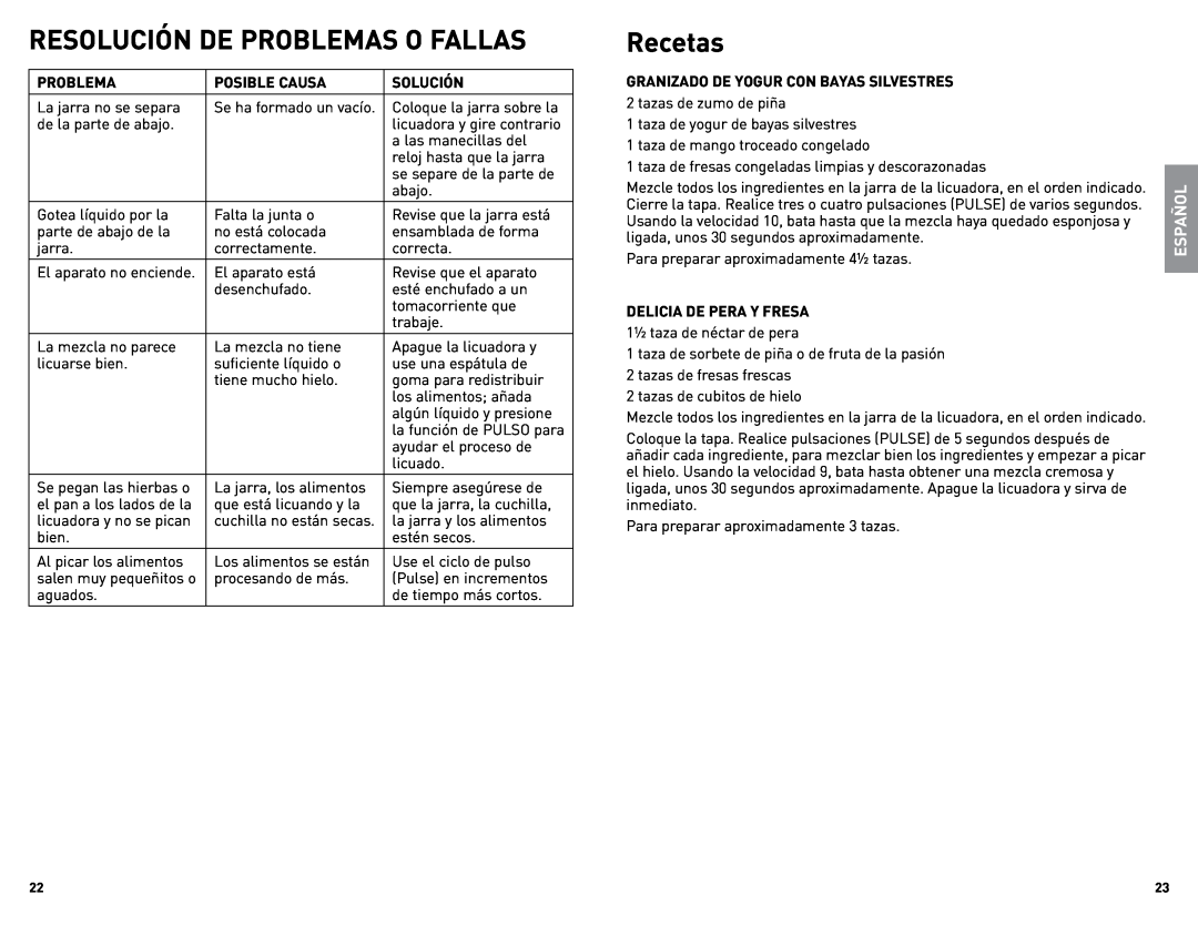 Black & Decker BL2010WGUC, Bl2010WG, Bl2010WP manual Resolución de problemas o fallas, Recetas, Español 